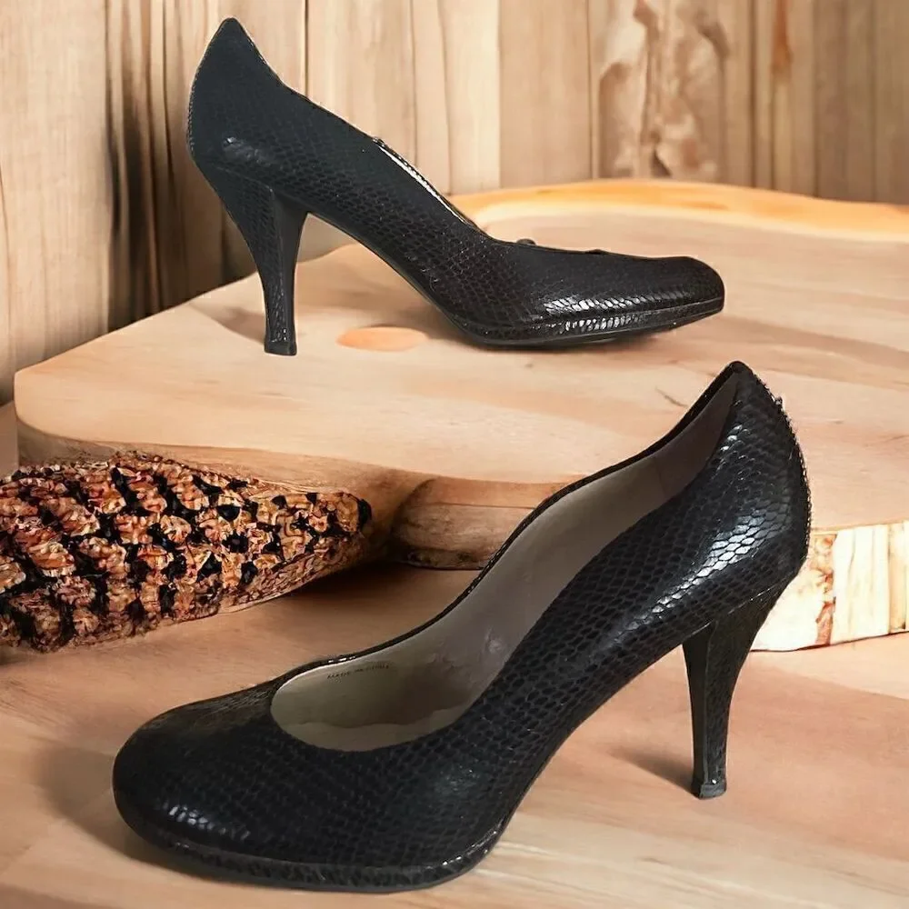 Tahari Colette Black Snakeskin Leather High Heel Classic Pump Shoe Size 10M